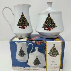Vintage Trista Christmas Tree Porcelain Sugar & Creamer Set w/ Original Box